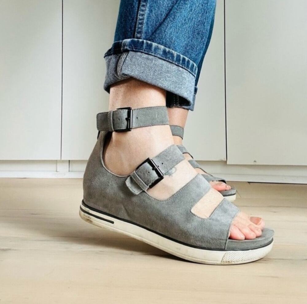 Eileen Fisher Womens Gray Leather Strappy Gladiator Platform Sandal Sz 6 Comfort